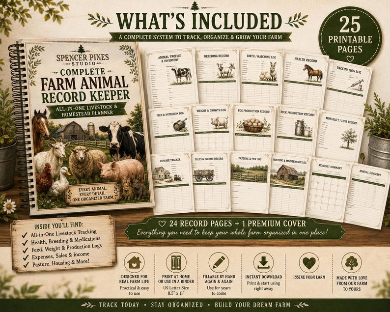May include: A complete farm animal record keeper planner with 25 printable pages. The spiral-bound cover features illustrations of livestock and the text 'Spencer Pines Studio Complete Farm Animal Record Keeper'. Includes various tracking logs.