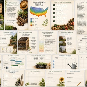 May include: A comprehensive raised bed garden planner featuring instructional pages, USDA hardiness zone maps, planting calendars, maintenance checklists, harvest logs, and companion planting guides with illustrations of garden beds and tools.