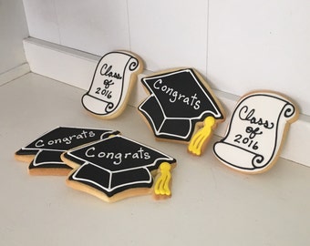 Graduation Cap and Scroll Hand Decorated Iced Sugar Cookies - 1 Dozen