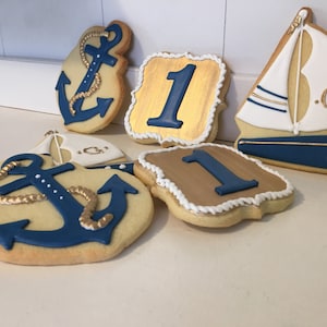 Gold Nautical Sailing Birthday Monogram First Birthday Decorated Cookies