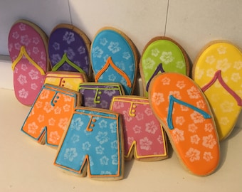 Flip Flop Board Shorts hand decorated sugar cookies - 12 cookies