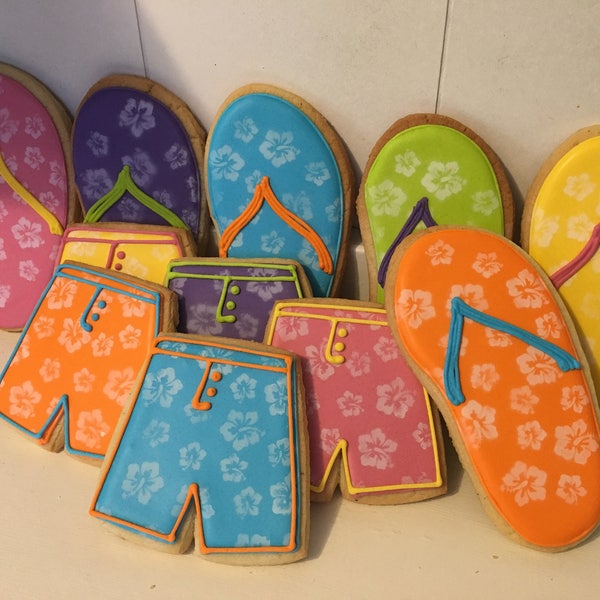 Flip Flop Board Shorts hand decorated sugar cookies - 12 cookies