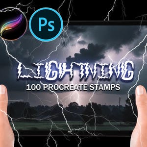 May include: A digital tablet displays the word "LIGHTNING" in white, stylized text with a lightning bolt effect, and the text "100 PROCREATE STAMPS". The Procreate and Photoshop logos are in the upper left. The background shows a stormy sky with lightning.