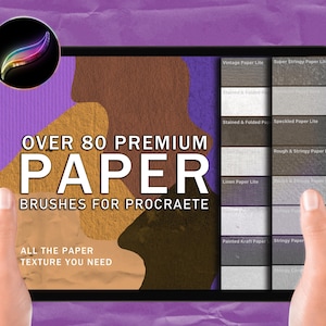 May include: A tablet displays "OVER 80 PREMIUM PAPER BRUSHES FOR PROCREATE". The screen shows various paper textures, including "Vintage Paper Lite" and "Stringy Paper Lite". The background is purple with a crumpled paper texture.