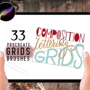 May include: A digital tablet displaying a set of 33 Procreate grid brushes for lettering and composition. The text "COMPOSITION Lettering GRIDS" is displayed in a colorful, handwritten style.