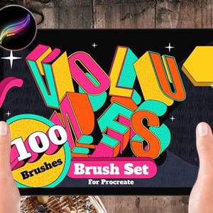 May include: A digital illustration of a tablet screen displaying a set of 100 colorful, 3D-style brushes for Procreate. The text "100 Brushes" and "Brush Set for Procreate" is displayed on the screen.