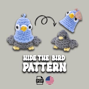 Pode incluir: Imagem de um padrão de crochê de pássaro. O design apresenta um pássaro azul e cinza com um chapéu azul removível, transformando-se em um pássaro cinza menor. O texto "HIDE THE BIRD PATTERN" é exibido abaixo.