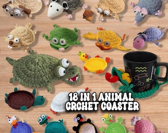 18-in-1 Animal Crochet Coaster Patterns, Mug Hugger Bundle, animals cup holder (PDF + VIDEO TUTORIAL)