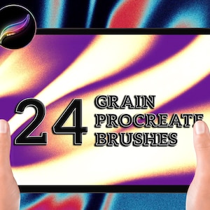 May include: A tablet screen displaying a digital illustration of a purple and yellow gradient background with the text "24 GRAIN PROCREATE BRUSHES" in black.