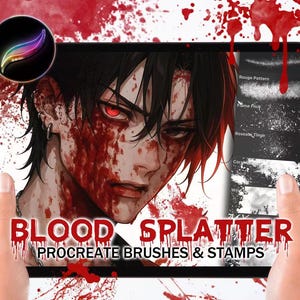 May include: A digital tablet displaying a set of Procreate brushes and stamps for creating blood splatter effects. The brushes and stamps are shown in a variety of sizes and shapes, with different levels of detail. The text "BLOOD SPLATTER PROCREATE BRUSHES & STAMPS" is displayed on the screen.