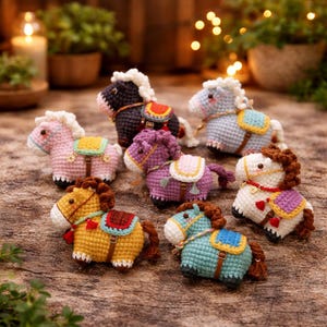 Puede incluir: Una colección de figuras de caballos de ganchillo hechas a mano en varios colores, incluyendo rosa, amarillo, morado y azul. Cada caballo tiene una silla de montar y una melena, y están dispuestos sobre una superficie de madera. Los caballos miden unos 10 cm de largo.