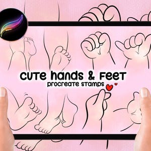 May include: A digital tablet displays a collection of hand-drawn illustrations of hands and feet. The text "CUTE HANDS & FEET procreate stamps" is featured on a pink background. The tablet is held by two hands.