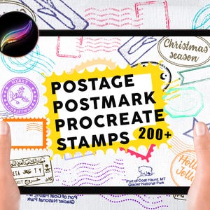 Può includere: Un tablet digitale che mostra un set di timbri Procreate. Lo schermo mostra vari disegni di francobolli colorati, inclusi timbri a tema vacanze e viaggi. Il testo sullo schermo recita "POSTAGE POSTMARK PROCREATE STAMPS 200+".