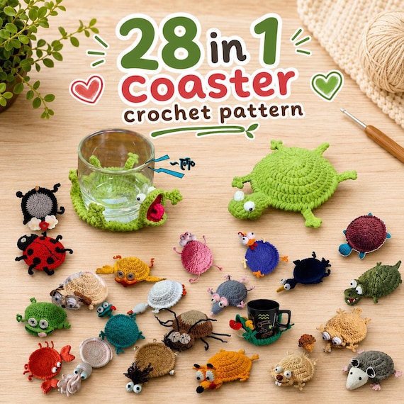 28-in-1 Animal Crochet Coaster Patterns, Mug Hugger Bundle, animals cup holder (PDF + VIDEO TUTORIAL)