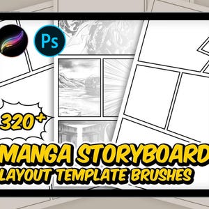Puede incluir: Una ilustración digital de una pantalla de tableta que muestra un conjunto de más de 320 pinceles de plantilla de diseño de storyboard de manga. El texto "MANGA STORYBOARD LAYOUT TEMPLATE BRUSHES" se muestra en amarillo sobre un fondo negro.