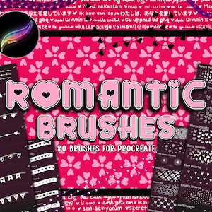 Puede incluir: Una exhibición de productos de arte digital con las palabras "ROMANTIC BRUSHES" en rosa, con acentos de corazón. La imagen muestra varios conjuntos de pinceles para Procreate, incluyendo patrones de corazón y diseños de cuerdas, con un fondo rosa y morado.