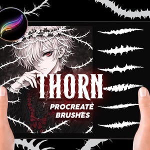 May include: A digital tablet displays a Procreate brush set with a gothic theme. The image features a detailed anime-style illustration of a person with white hair and red eyes, surrounded by thorns. The word "THORN" is prominently displayed, along with "PROCREATE BRUSHES".