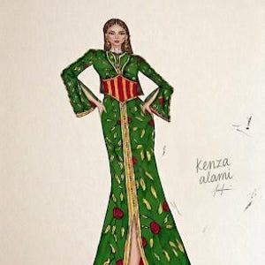 Puede incluir: Una ilustración de moda de un caftán verde largo hasta el suelo con un corsé a rayas rojas y amarillas, mangas largas acampanadas y un estampado floral de flores rojas y hojas amarillas. El texto 'kenza alami' aparece a la derecha.