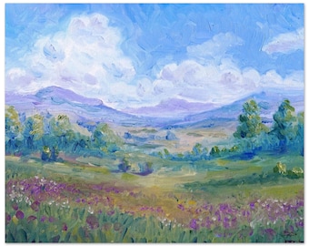 Wildflower Meadow Landscape Print | Soft Oil Painting Reproduction | Matte Art Print | Impressionist Hillside Scene