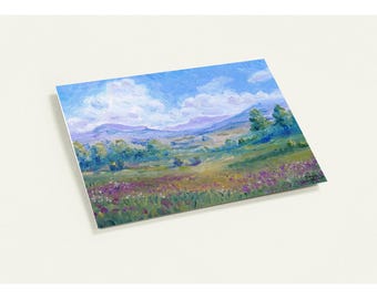 Pack of 10 Landscape Greeting Cards | Blank Inside | Oil Painting Print of Peaceful Meadow & Mountains | Nature Art Note Cards