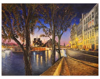 Paris at Dusk Art Print | Notre-Dame Night Scene | Matte Acrylic Painting Reproduction | Romantic Wall Art
