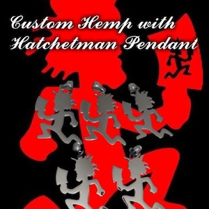 May include: Five silver hatchetman pendants with a red background and the text "Custom Hemp with Hatchetman Pendant".