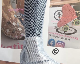 Skate covers for ice/roller skate's. Over the knee, multi function. 2 in 1 silver metallic and glitter mesh by skating bling