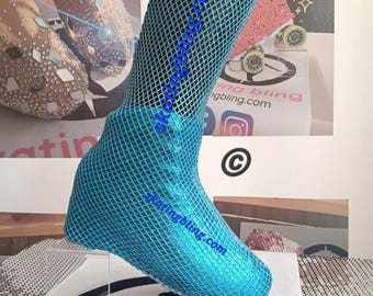 Skate covers for ice/roller skate's. Over the knee, multi function. 2 in 1 blue metallic and glitter mesh by skating bling