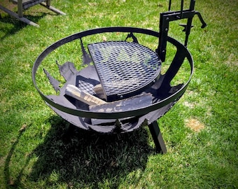 Custom Fire Pit with cabin design and adjustable cooking grate
