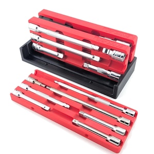 May include: A set of chrome extension bars in a red and black storage case. The bars are various lengths and sizes, designed for use with sockets. The case is labeled with "1/2 DRIVE" and "3/8 DRIVE".