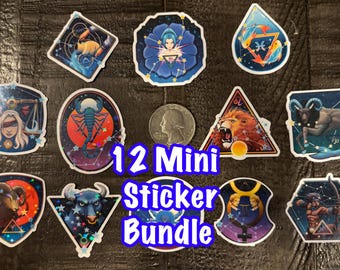 12- Mini Sticker Bundle; All 12 Laminated Vinyl mini Stickers in clear or holographic laminate.