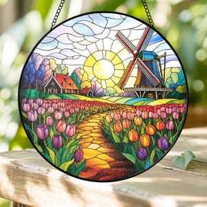 Windmill Sunset Tulip Suncatcher, Colorful Tulip Field Stained Glass Suncatcher, Tulips Flower Window Hanging Gift for Mom, Grandma
