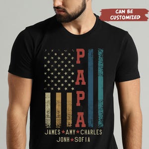 Personalized Papa And GrandKids Names American Flag Shirt, Custom Papa Shirt, Fathers Day Independence Day Birthday Shirt Gift For Men