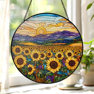 Sunflower Field Mountain Suncatcher, Sunflower Stained Glass Window Decor Gift, Sunflower Lover Gift