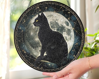 Black Cat Stained Glass Suncatcher: Halloween Moon Decor, Gift for Cat Lover