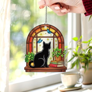 Black Cat And Book Acrylic Suncatcher Window Hanging, Black Cat With Book Window Decor, Book Lover Gift, Bookish Ornament, Librarian Gift