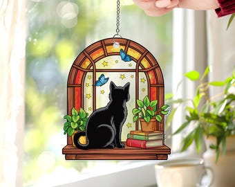 Black Cat Suncatcher: Book Lover Window Decor