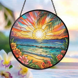Beach Sunset Sun Catcher Stained Glass Window Hanging, Beach Sunset  Suncatcher Beach Lovers Gifts for Women Wall Decor Landscape Decoration