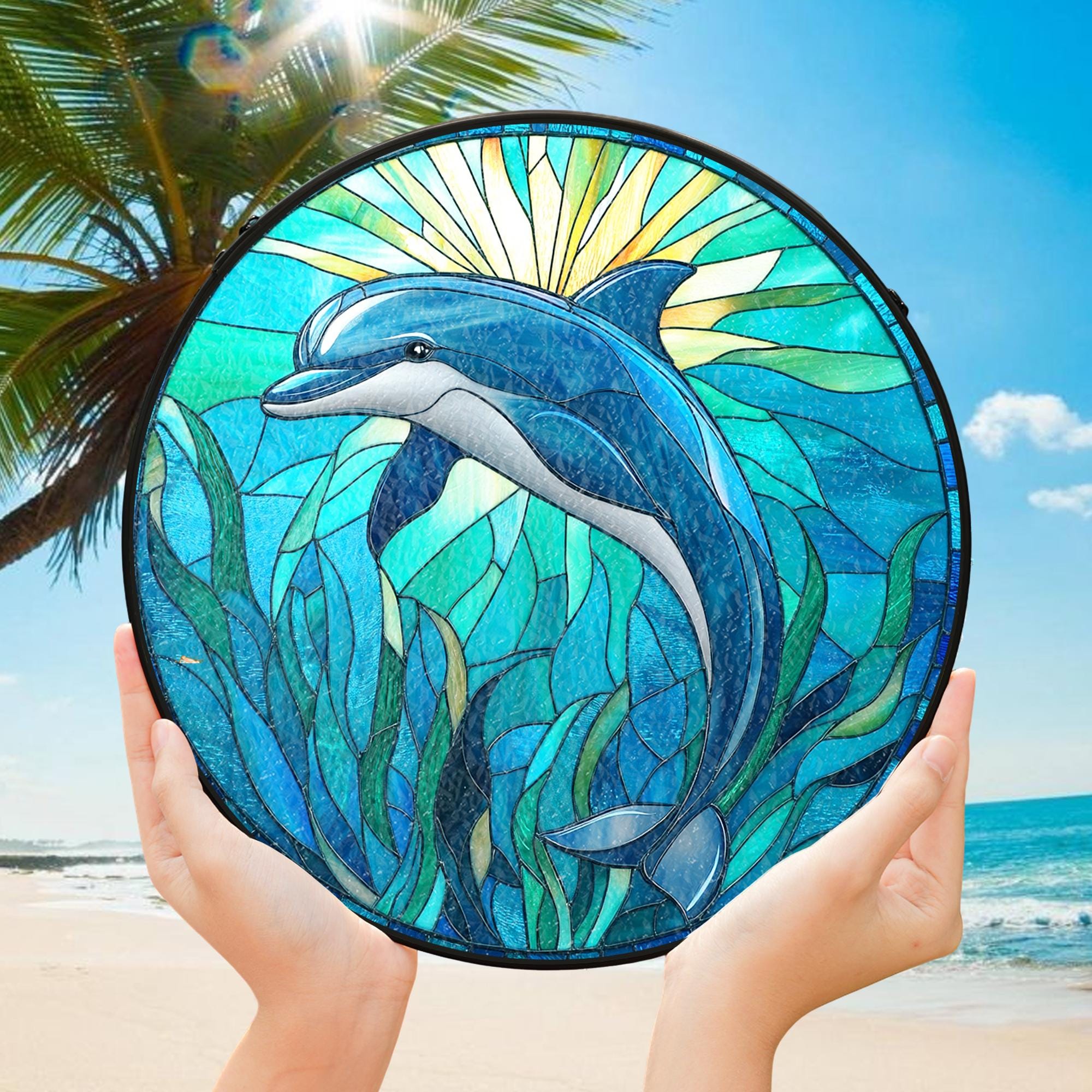 イルカのステンドグラスのサンキャッチャー：海の波の窓掛け - Etsy 日本