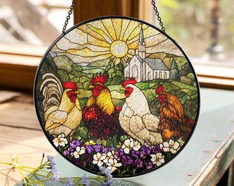 Stained Glass Chicken Suncatcher: Floral Garden Window Decor