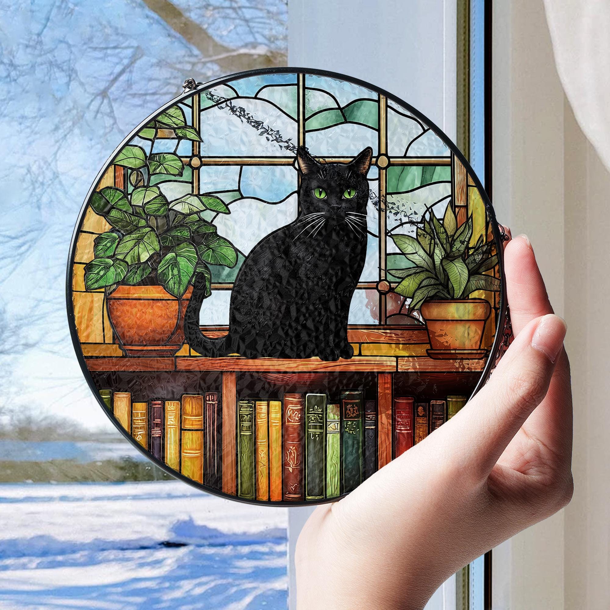 Black Cat Stained Glass Suncatcher With Book - Garden Decor - Etsy