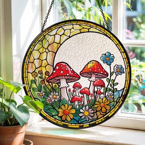 Mushroom Suncatcher, Mushroom Stained Glass Mushrooms Cottagecore Home Decor, Birthday Gift For Her, Fly Mushroom Moon Window Hanging