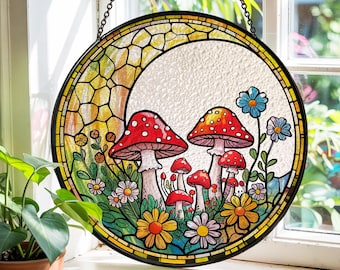 Atrapasol de vitral con forma de hongo: decoración del hogar estilo cottagecore