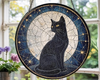 Black Cat Stained Glass Suncatcher: Halloween Moon Decor, Gift for Cat Lover