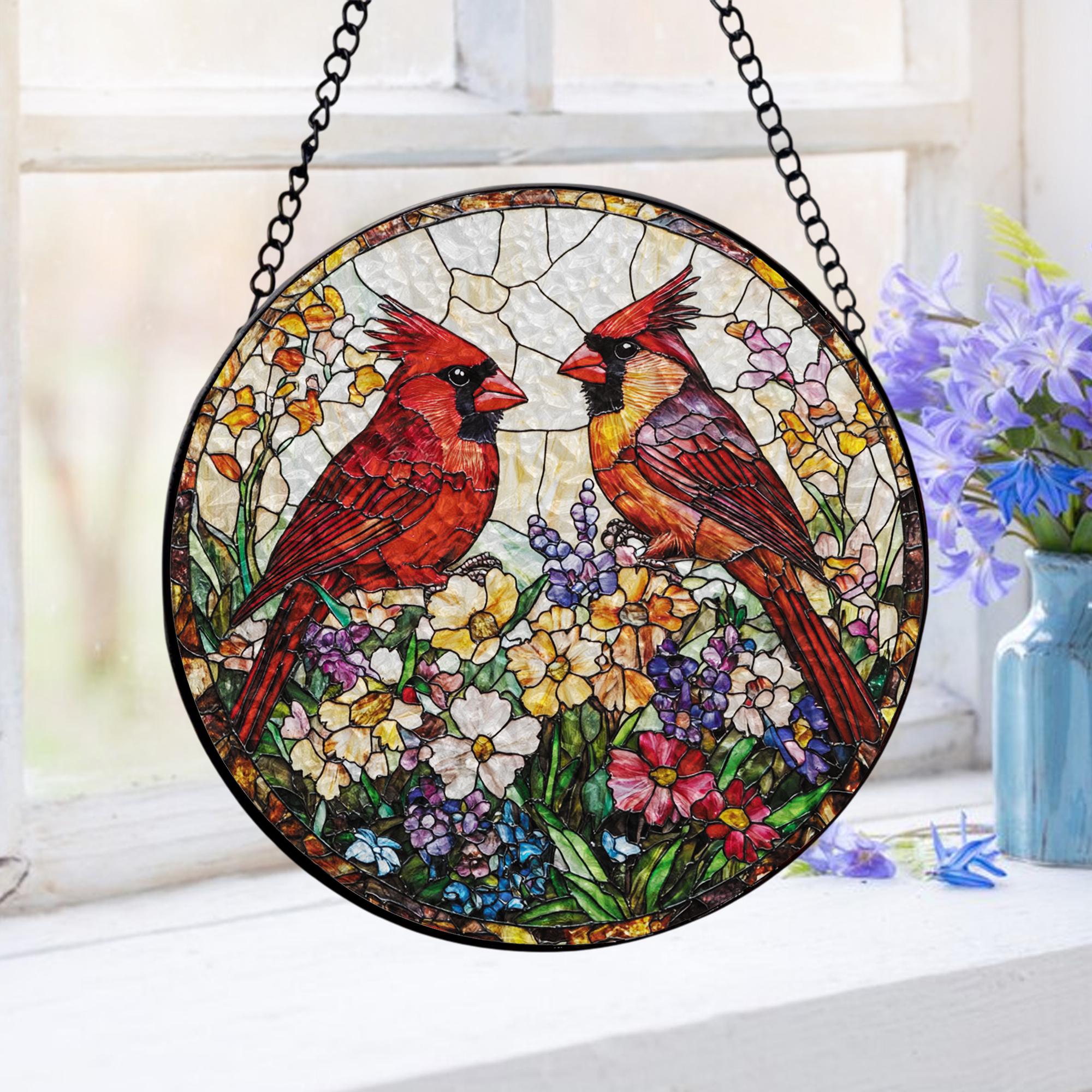 Red Cardinal Stained Glass Suncatcher: Bird Window Hanging