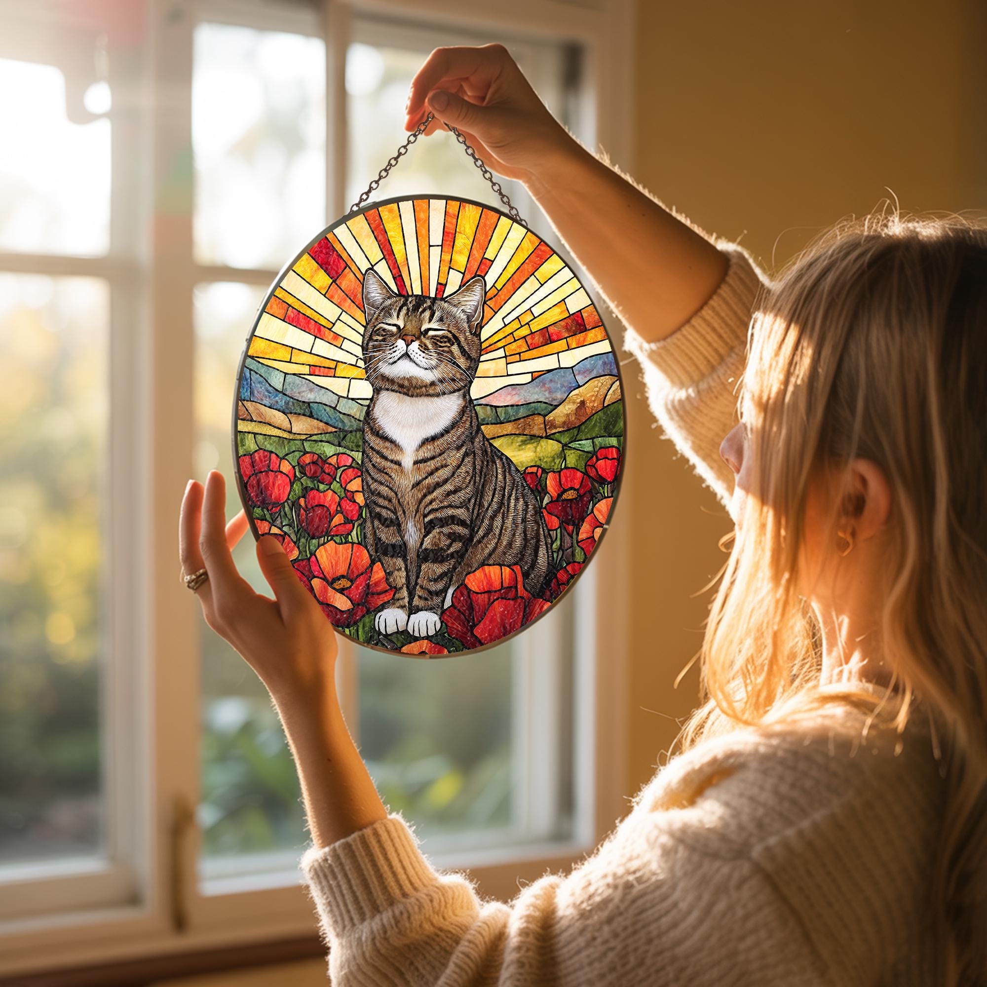 Tabby Cat Stained Glass Suncatcher: Orange Poppies Window Hanging - Etsy