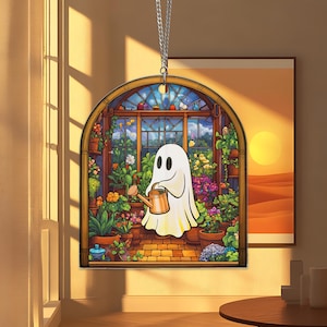 Ghost Plant Acrylic Ornament, Cute Ghost Garden Sun Catcher Ghost Greenhouse Decor Halloween Ghost Acrylic Window Hangings, Plant Lovers