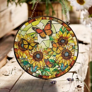Monarch Butterflies Sunflowers Stained Glass Suncatcher, Sunflower Suncatcher, Monarch Butterfly Suncatcher, Beautiful Gifts for Butterfly