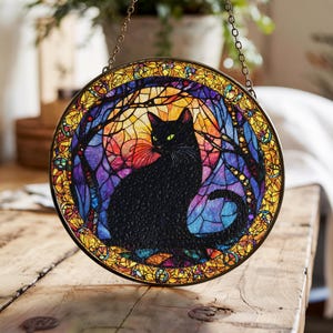 黒猫サンキャッチャー、黒猫ハロウィン窓吊りサンキャッチャー装飾ギフト、猫好きの方へのハロウィンデコレーションギフト