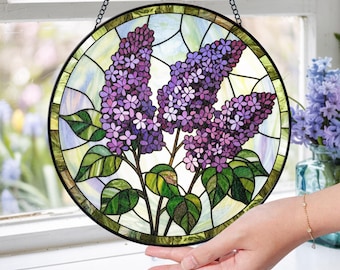 Purple Lilac Stained Glass Suncatcher: Floral Window Hanging